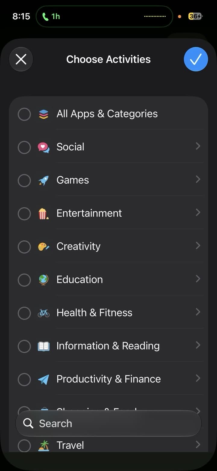 Choosing which app categories to restrict through Apple Screen Time.