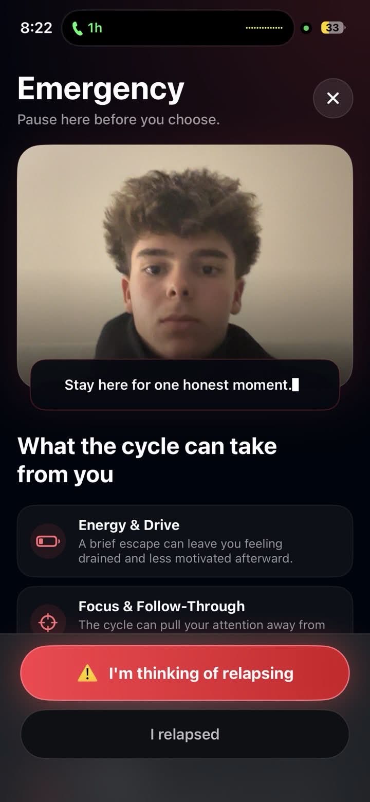 QuitIt Emergency screen: a full-screen pause with a private live mirror.