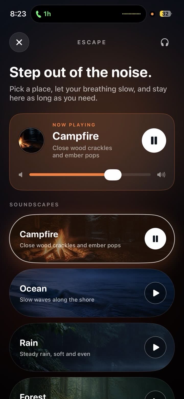 QuitIt Escape screen playing the Campfire soundscape.